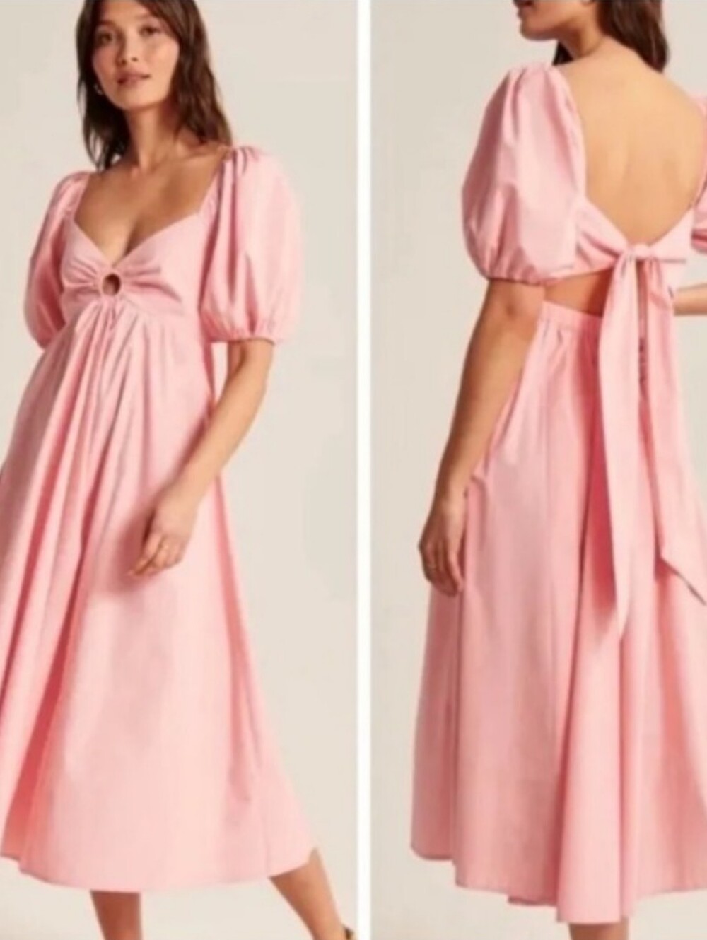 Abercrombie & Fitch Women's Pink Puff Sleeve O-Ring Cutout Midi Dress Sz S